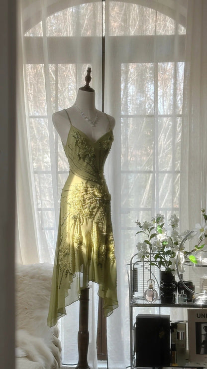 Green Romantic Fashion Elegant Delicate Floral Appliqué Beaded Spaghetti Straps Midi/Short Chiffon Ruffle Ball Gown Evening Gown Party Gown gh4060