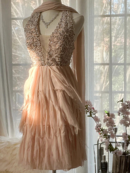 Pale Pink Tender Romantic Sweet Cute Gorgeous Exquisite Elegant Beaded Short Chiffon Homecoming Dress Evening Dress Prom Dress Prom Dress Birthday Vacation Party Dress gh4045