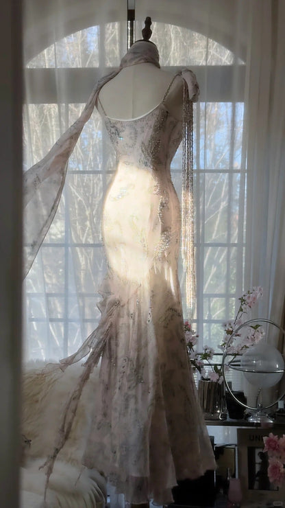 Pink Romantic Fashion Elegant Exquisite Beaded Spaghetti Straps Long Tulle Chiffon Ruffle Ball Gown Evening Dress Party Dress gh4057