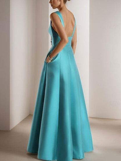 Sleeveless V-neck with Satin Pockets Women's Gown