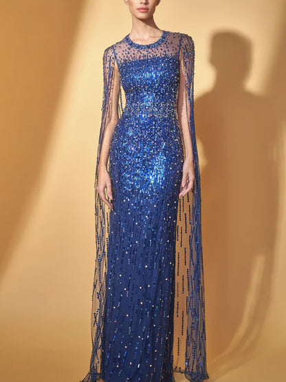 Crystal Cape Crew Neck Gown