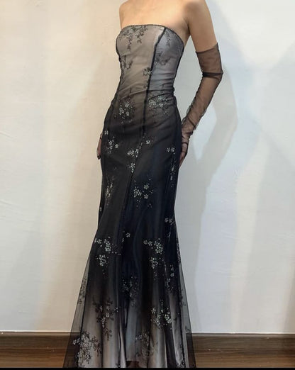Black White/Green Retro Fashion Gradient Exquisite Floral Long Tulle Prom Dress Evening Dress Party Dress gh3607