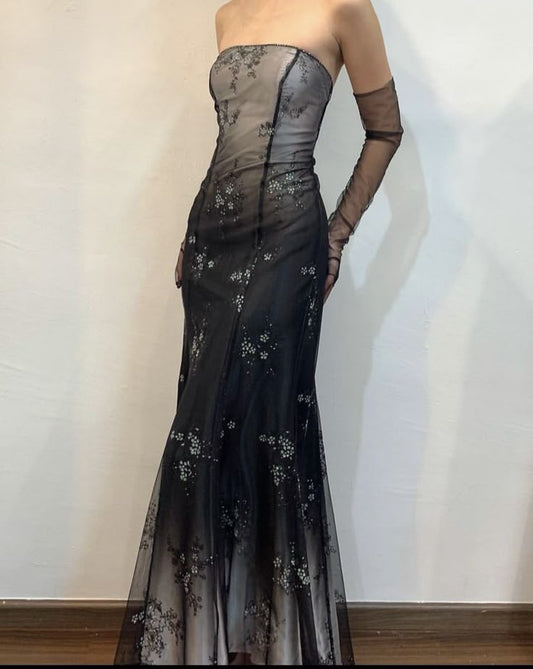 Black White/Green Retro Fashion Gradient Exquisite Floral Long Tulle Prom Dress Evening Dress Party Dress gh3607