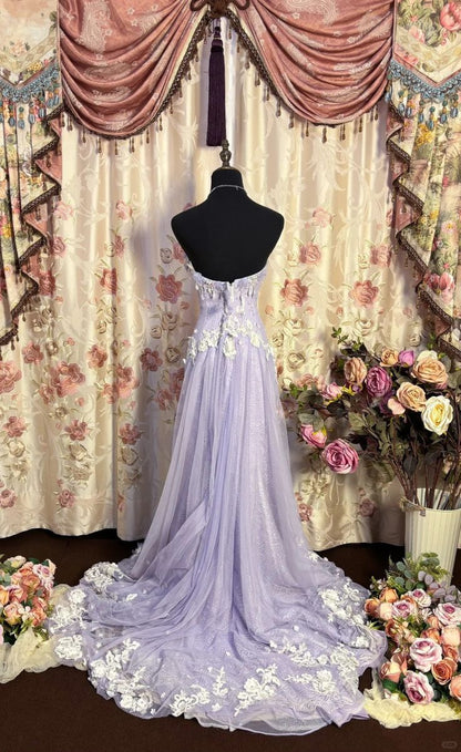 Lilac Mermaid Sweetheart Neck 3D Flower Tulle Prom Dress Party Dress with Slit SH3296