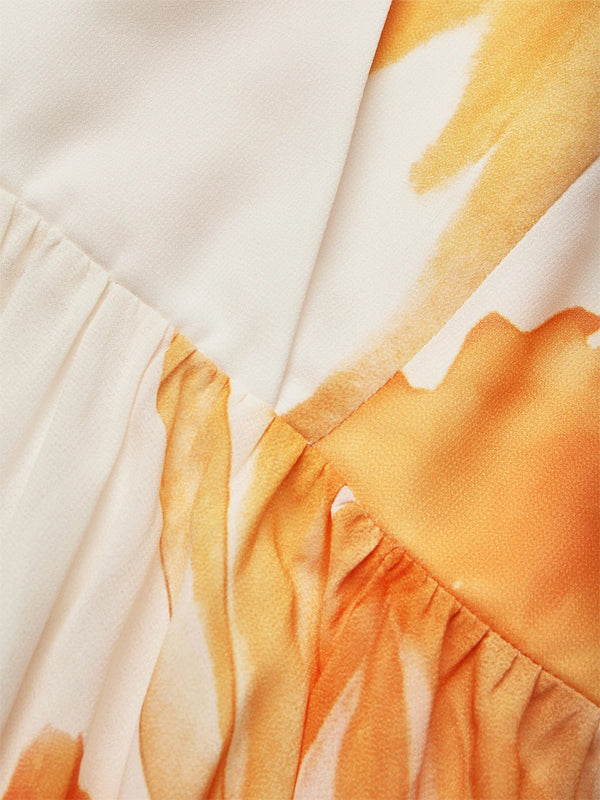 Yellow Printing Chiffon V Neck Sleeveless A-Line Maxi Dress