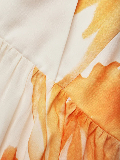 Yellow Printing Chiffon V Neck Sleeveless A-Line Maxi Dress