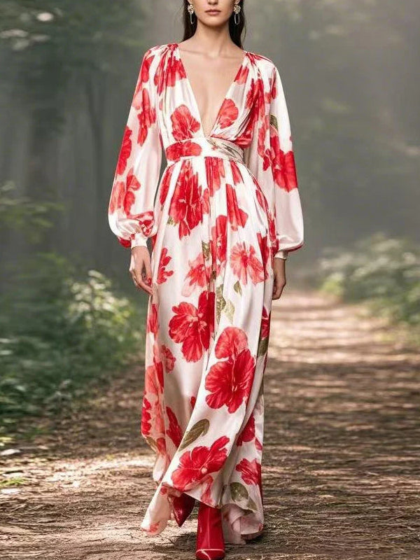 V-neck Chiffon Print Ladies Dress