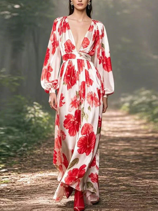 V-neck Chiffon Print Ladies Dress