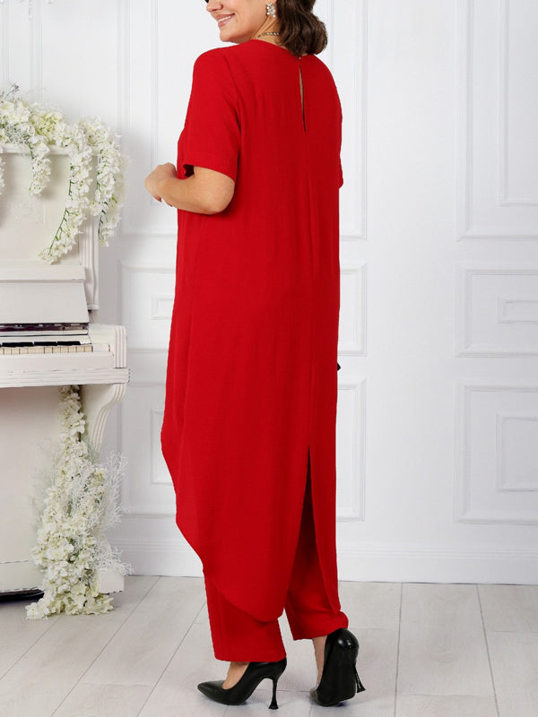 Round Neck Solid Color Short-sleeved Top And Trousers Suit