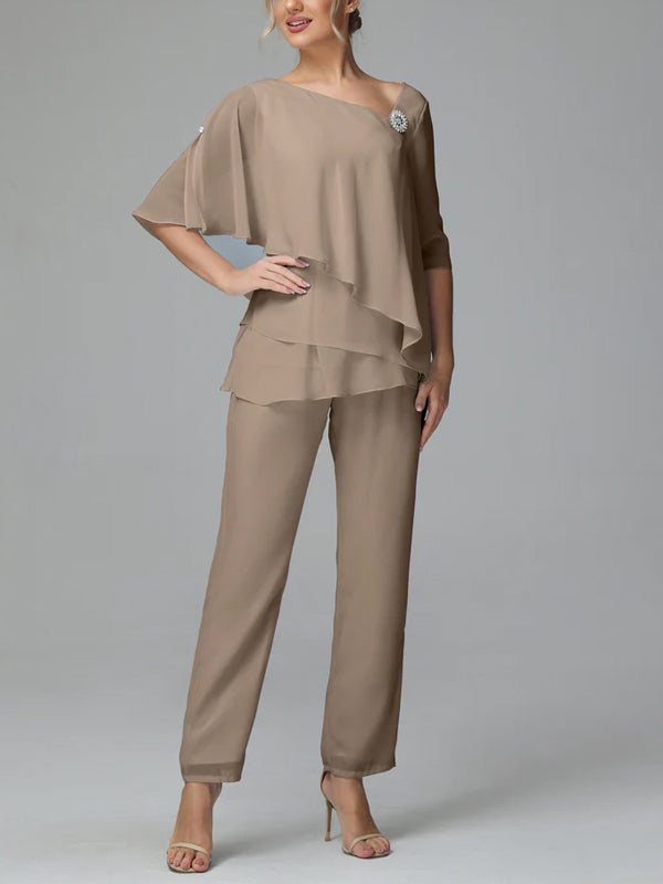 Half Sleeve Chiffon Mother of the Bride Dress Pants Suit