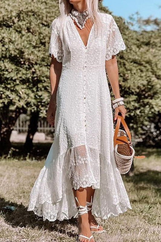 loveedsTM-Casual Solid Patchwork Buckle V Neck Irregular Dress Dresses