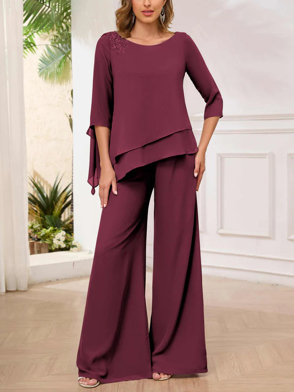 Asymmetrical Scoop Appliques Mother of the Bride & Groom Pantsuit