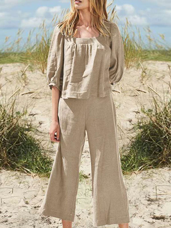Square Neck Casual Cotton Linen Women's Suits