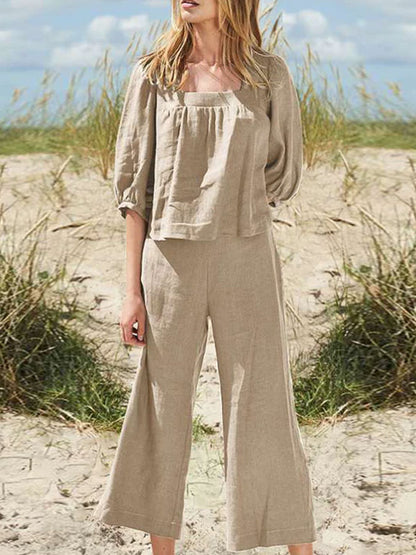 Square Neck Casual Cotton Linen Women's Suits