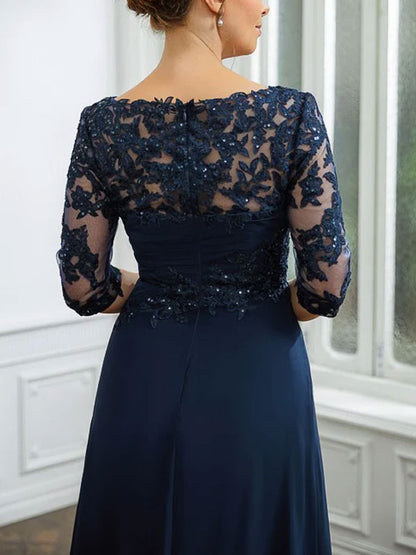Applique Bateau 3/4 Sleeves Floor-Length Women's Dress