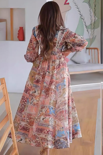 loveedsTM-Round Neck Printed Long Sleeve Slim Belted Women's Dress