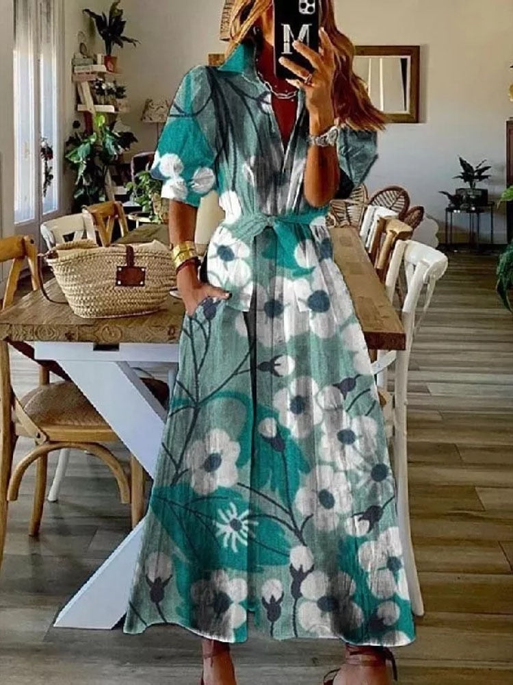 loveedsTM-Women Elegant Striped Short Sleeve Maxi Dress New Fashion Lace-Up Belt Party Dress Sexy Loose Hem Shirt Long Dress Vestidos