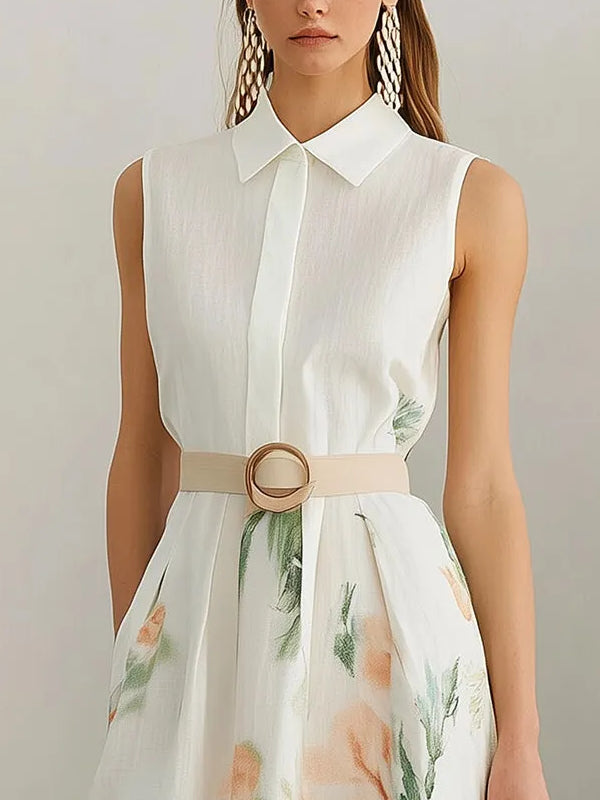 Elegant Sleeveless Linen Dress with Floral Print and Belt