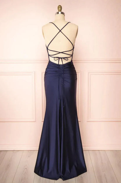 Simple Sheath Prom Dress with Split,Dark Navy Graduation Dress       fg4187