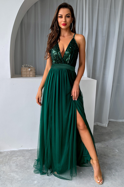 loveedsTM-Strappy V-neck mesh slit backless dress