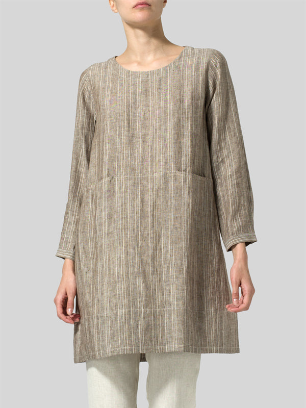 Round Neck Cotton And Linen Top And Trousers Suit