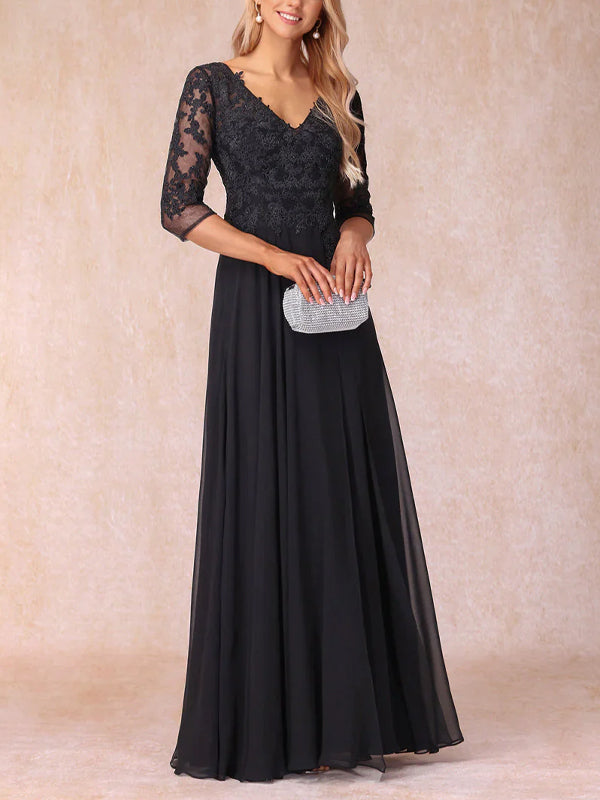 V-Neck Lace Mesh Solid Color Maxi Dress
