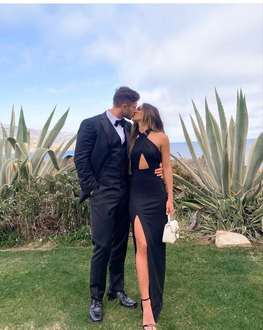 Black simple fashion elegant suspenders long sexy slit satin evening dress party dress prom dress gh3621