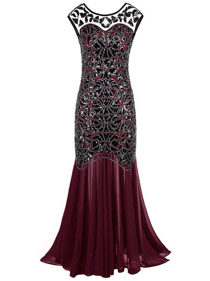 loveedsTM-Vestidos Vintage Mujer Sequins Beading Long Evening Dresses Formal Round Neck Lace Long Sexy Women Party Special Occasion