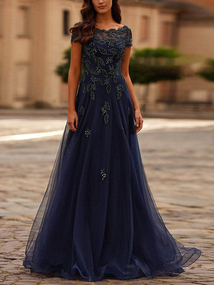 Dark Blue Round Neck Lace Mesh Short Sleeves Maxi Dress