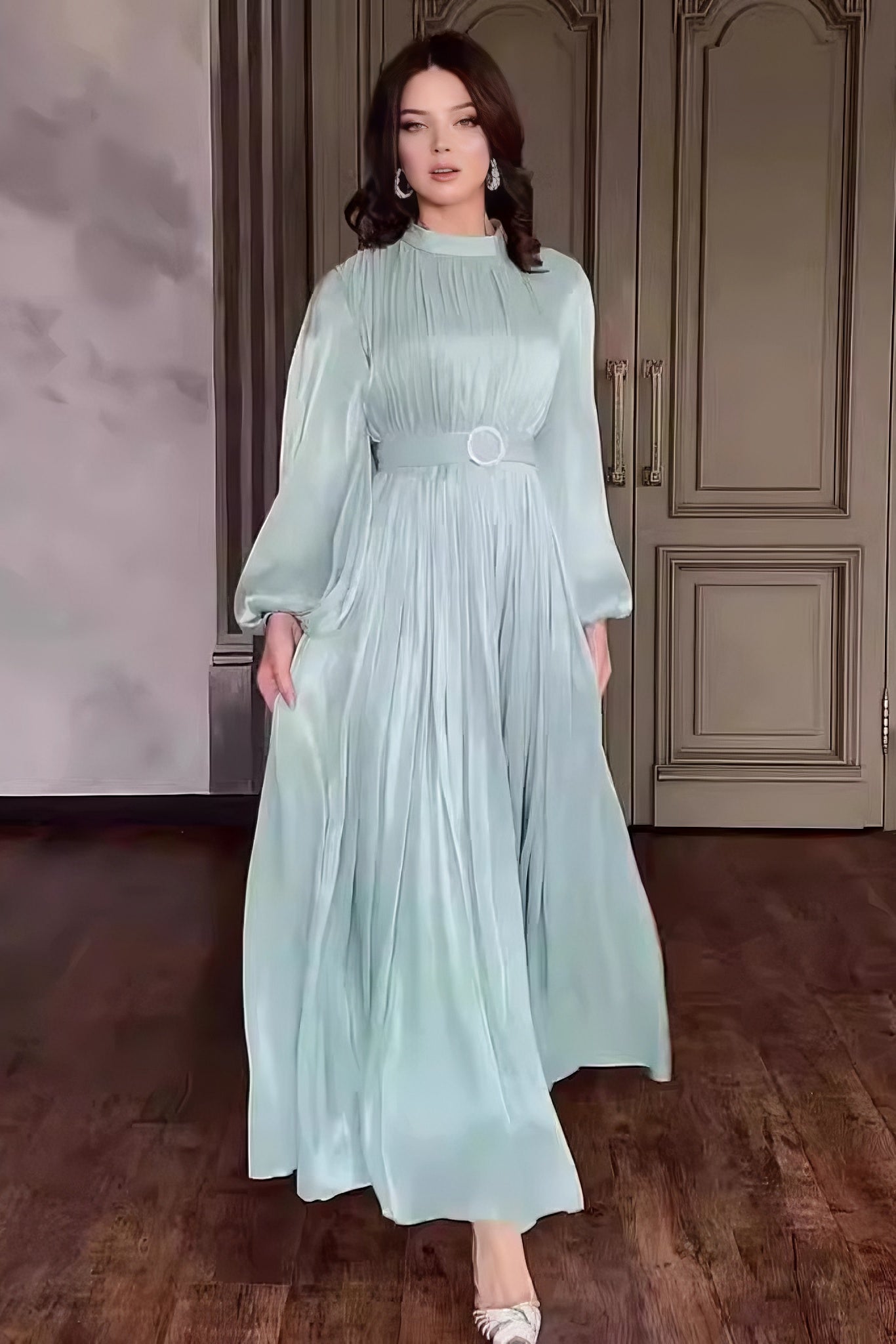 loveedsTM-Round Neck Organza Lantern Sleeve Long Sleeve Slim Belt Vintage Dress