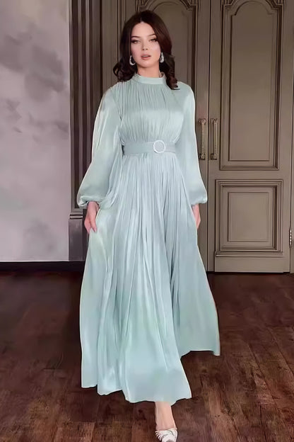 loveedsTM-Round Neck Organza Lantern Sleeve Long Sleeve Slim Belt Vintage Dress