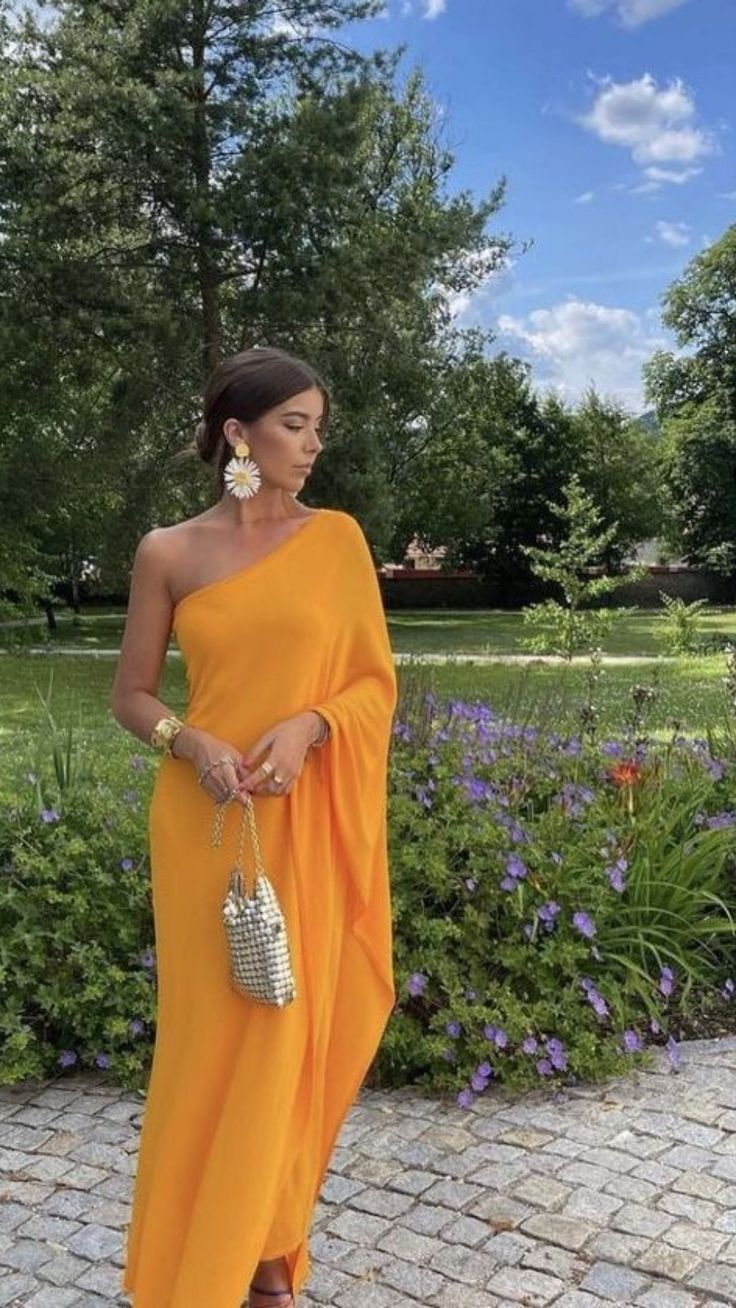Orange one shoulder stylish elegant long chiffon ball gown evening dress wedding guest party dress gh3376