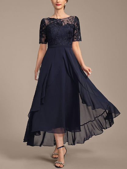 Round Neck Short Sleeve Lace Solid Color Midi Dress