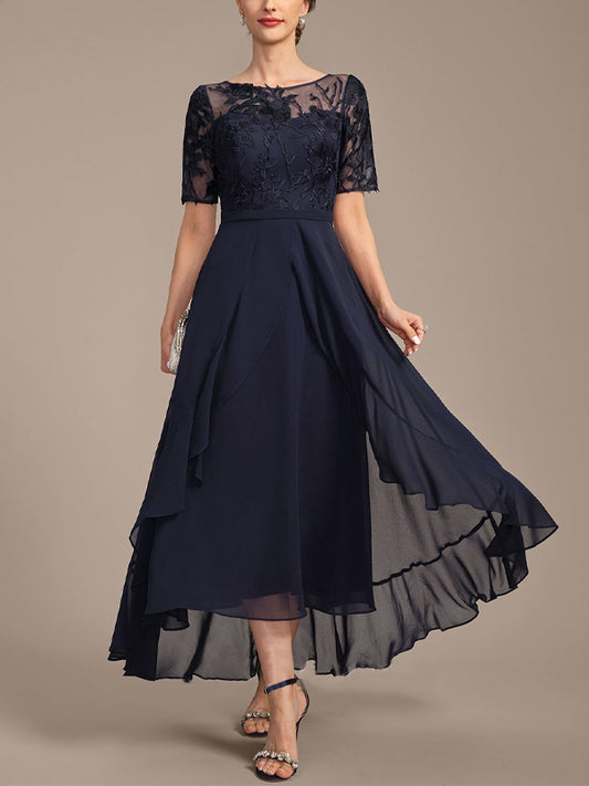 Round Neck Short Sleeve Lace Solid Color Midi Dress