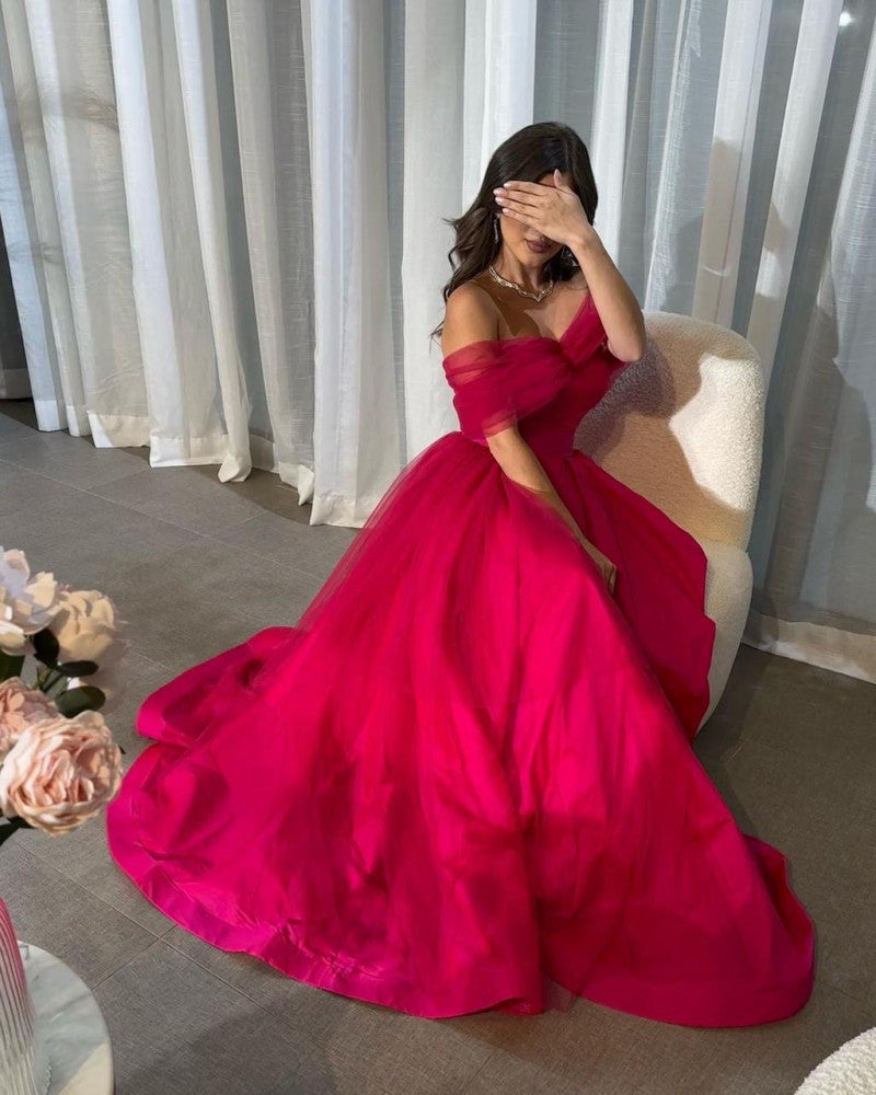 Off The Shoulder Hot Pink A-Line Evening Prom Dress