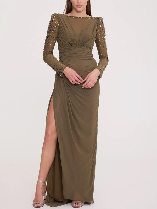 Round Neck Solid Color Sequined Chiffon Maxi Dress