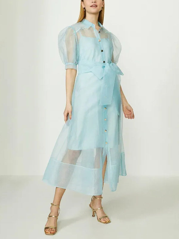 Organza Puff Sleeve Tie Waist Dress