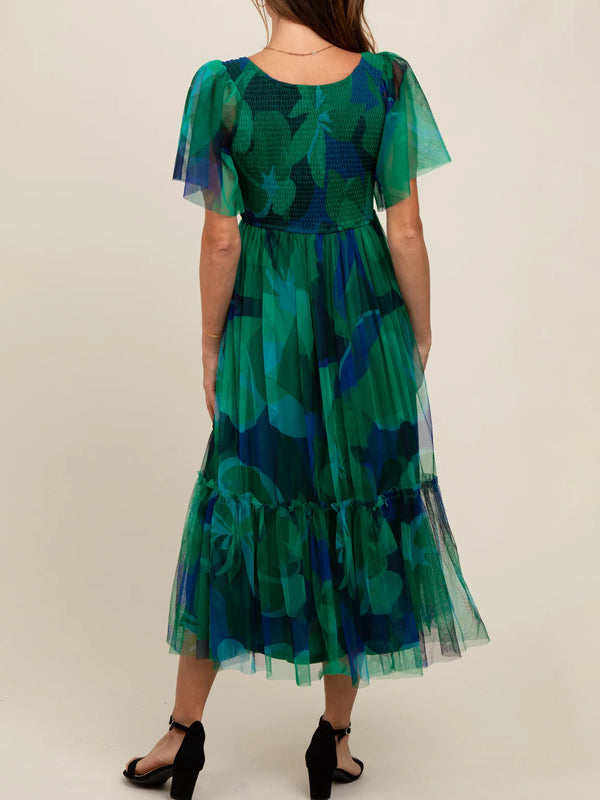 Leaf Print Mesh Smocked Midi Dress