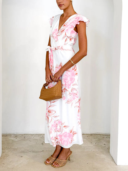 Gentle Lace-up Light Print Women's Dress