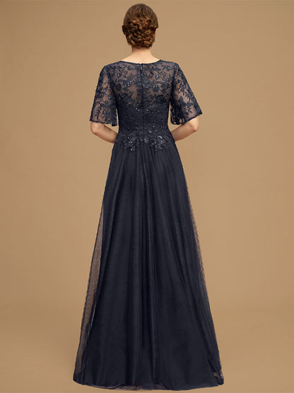 Round Neck Lace Short Sleeve Solid Color Mesh Maxi Dress