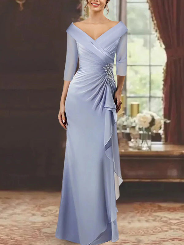 Sheath/Column V-Neck Half Sleeves Floor-Length Mother of the Bride Dresses with Ruffles & Appliques