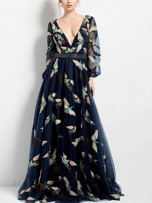 V-neck Mesh Print Maxi Dress