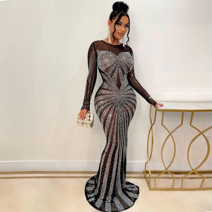 loveedsTM-Sexy Rhinestones Floor-length Evening Dresses Luxury Elegant Women's O-neck Long Sleeve See-through Mesh Night Club Long Dress