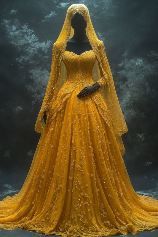 Unique A Line Strap Yellow Appliques Tulle Long Prom Dress Evening Dress SH2546
