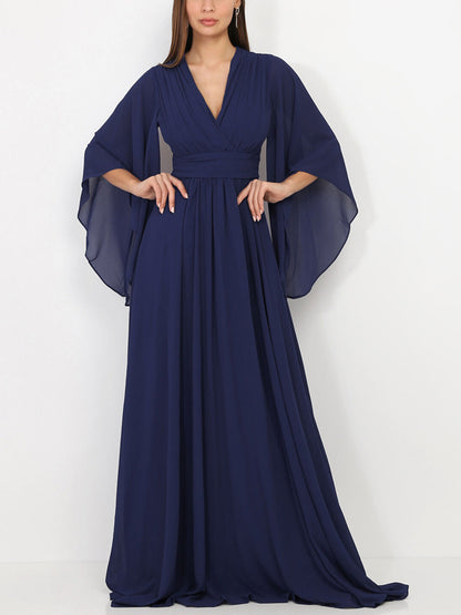 V-neck Solid Chiffon Maxi Dress