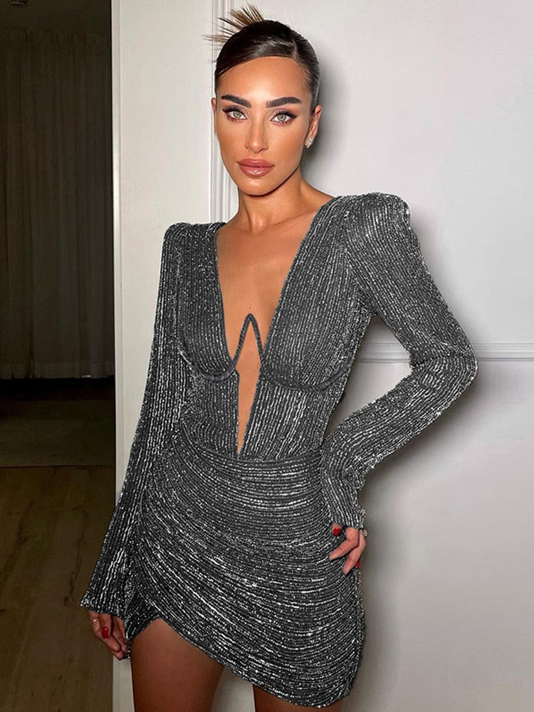 loveedsTM-Elegant Long Sleeve Bodycon Mini Dress For Women Deep V Neck Sexy Ruched Party Club Evening Dresses Autumn Female Clothes