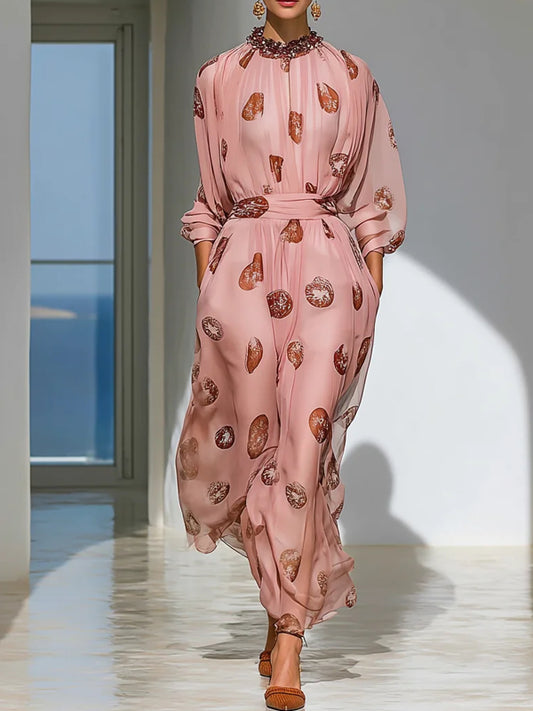 Beaded Ruched Chiffon Crew Neck Long Sleeve A-Line Maxi Dress