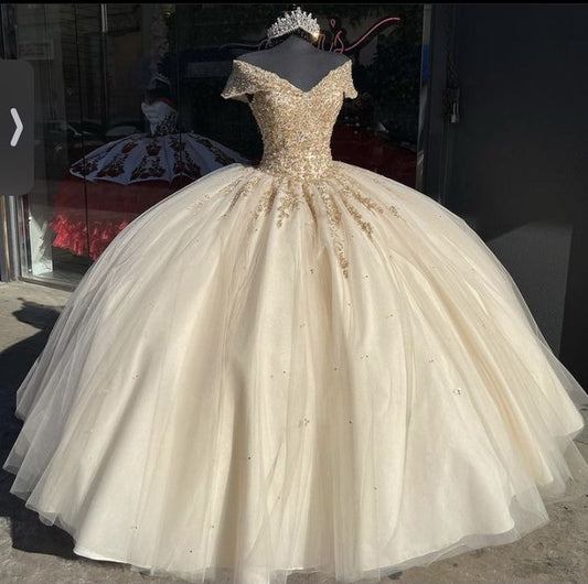 Champagne Color Gorgeous Shiny Exquisite Beaded Long Ball Gown Evening Dress gh3365