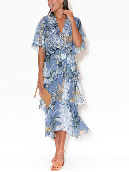 Comfortable Printed Tiered Chiffon Women's Dress