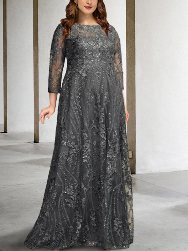 Plus Size Round Neck Lace Solid Color Maxi Dress